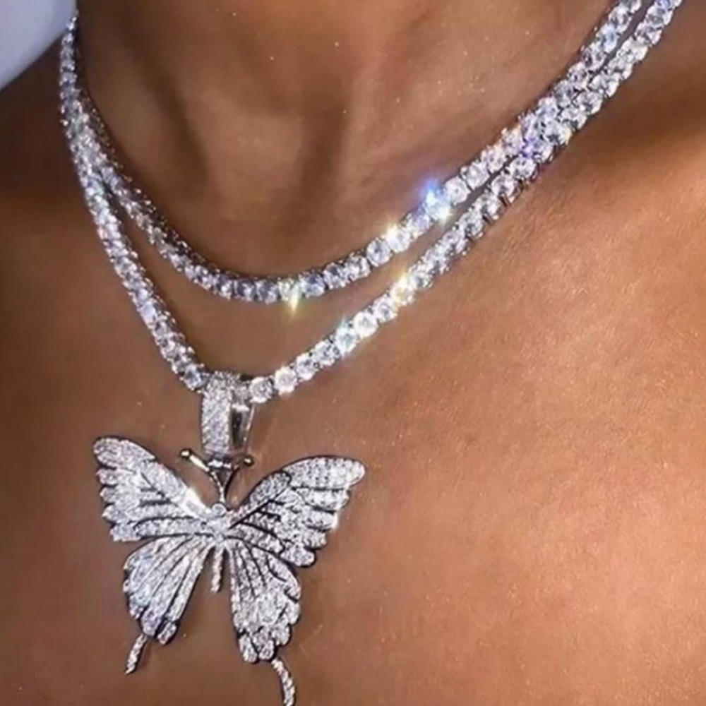 Silver rhinestone butterfly necklace